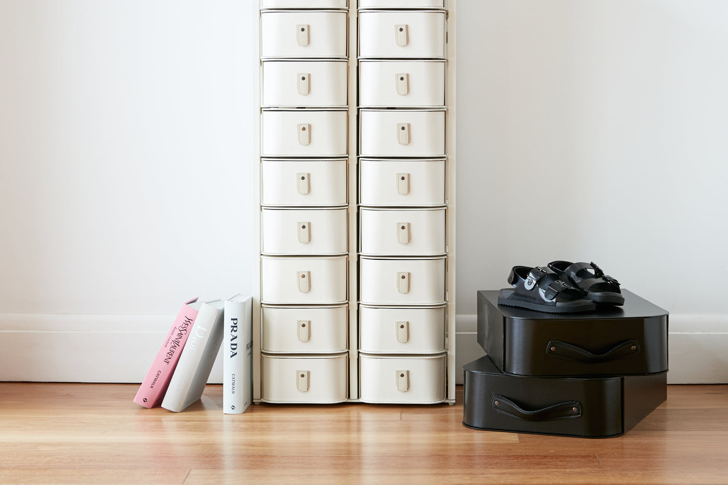 Off-white New York 20 Box Stand with cream handles by SAGITINE, designed for stylish storage and display.