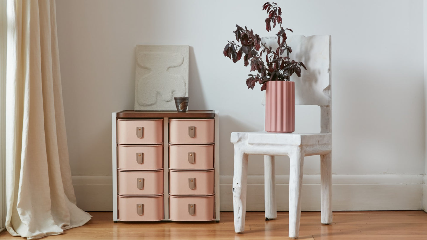 White 8 box stand with rose boxes and blush handles by Sagitine