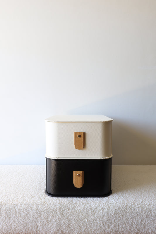 Biscuit-colored leather pull handle by Sagitine, featuring a sleek and modern design.