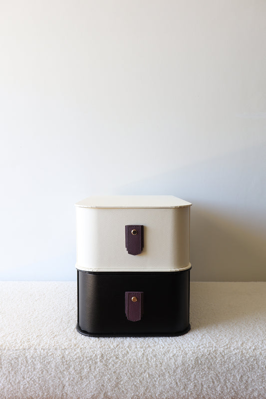 Plum leather pull handle by Sagitine, featuring a sleek and modern design.